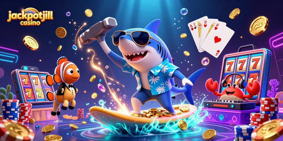 Join the jackpotjill casino experience with a lively scene of a hammerhead shark surfing gold coins surrounded by colorful casino elements.