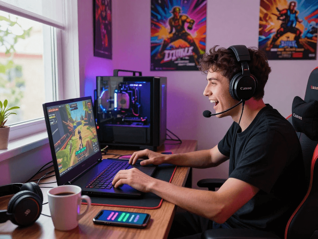 Gamer immersed in adult game on laptop, with vibrant gaming decor and accessories.