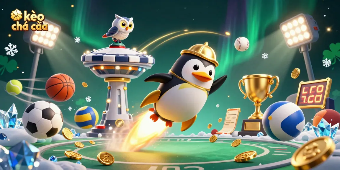 Bets made with kèo nhà cái in a vibrant scene of sports balls, trophies, and a golden penguin.