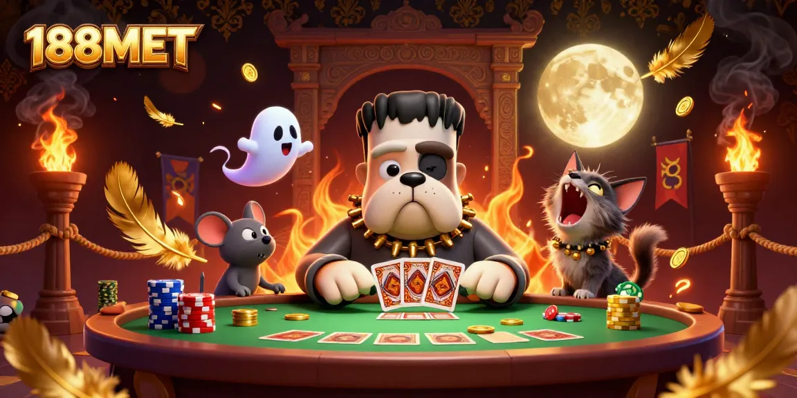 Engage at 188M BET with a unique scene of a Frankenstein bulldog dealing cards amid ghostly elements and enchanting atmosphere.