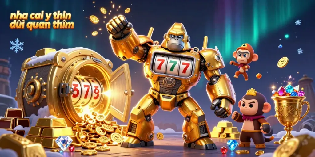 Explore the dynamic scene of nha cai uy tin được quan tâm with a golden gorilla mech and rich casino elements.