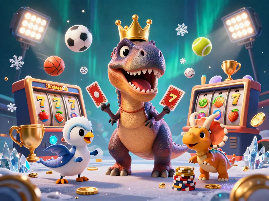 Enjoy a thrilling gaming experience with the Zowin T-Rex managing a casino scene full of excitement.