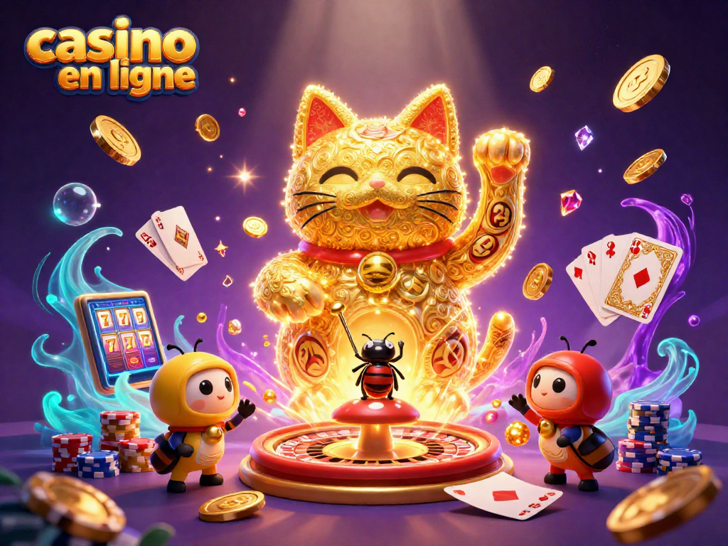 Casino en ligne : Découvrez une scène dynamique avec un chat chanceux entouré de pièces dorées et de jeux d'argent.