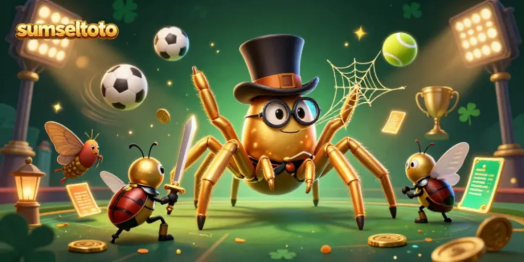 sumseltoto: Engaging fantasy scene featuring a golden tarantula and brave beetle knight amidst dynamic sports elements