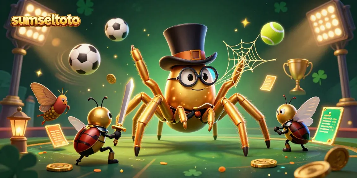 sumseltoto: Engaging fantasy scene featuring a golden tarantula and brave beetle knight amidst dynamic sports elements