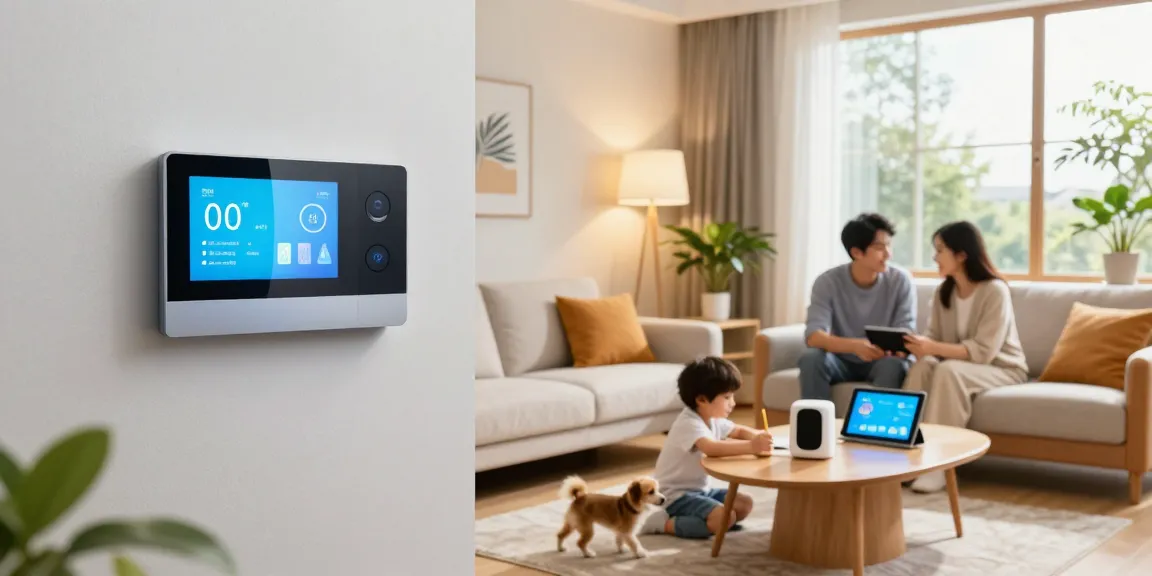 Family enjoying their living room with a smart thermostat prominently displayed on the wall, illustrating modern home comfort.