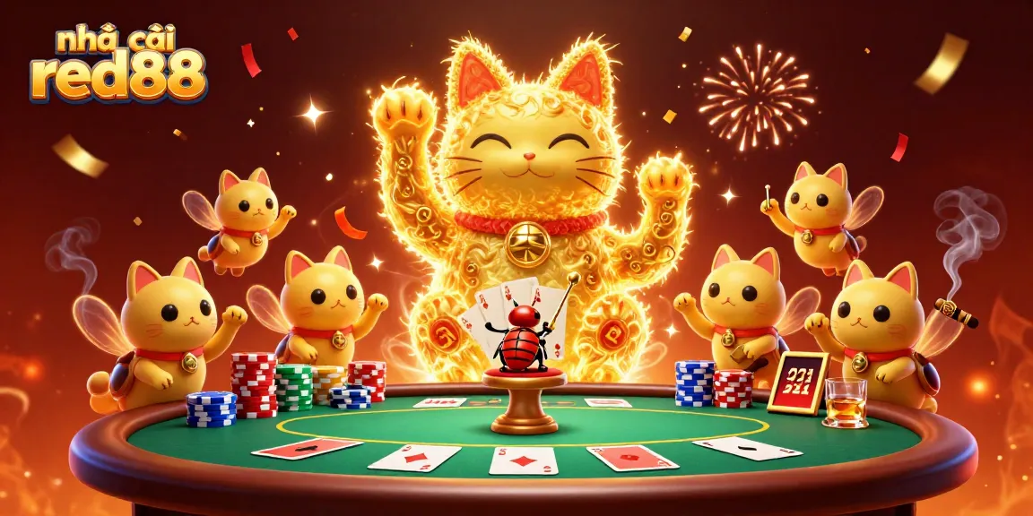 Experience excitement with nhà cái red88's vibrant casino scene of lucky fireflies, poker thrills, and celebration.