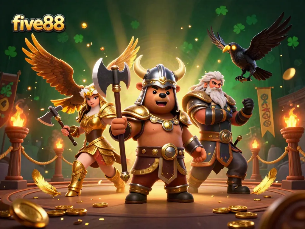Engage with five88's thrilling gaming arena featuring a Viking berserker bear and Valkyrie eagle amidst gold coins and dynamic action.
