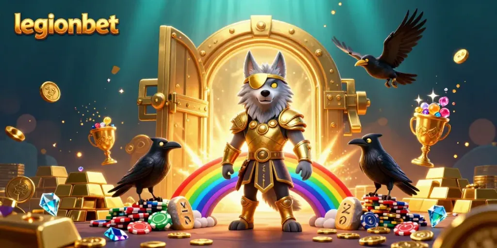 Spin the reels with legionbet's vibrant casino scene featuring Odin and his ravens amidst treasures.
