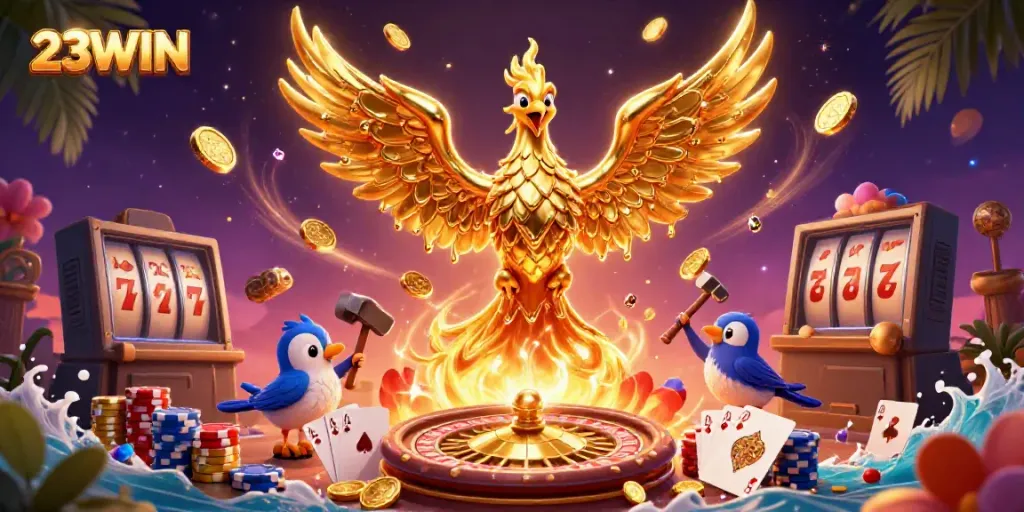 Exciting 3D casino scene showcasing the 23WIN golden phoenix, coins, and gaming elements