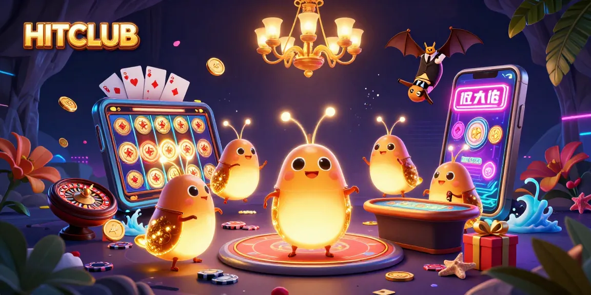 Win big with HITCLUB in this vibrant, immersive 3D casino illustration showcasing action and excitement.