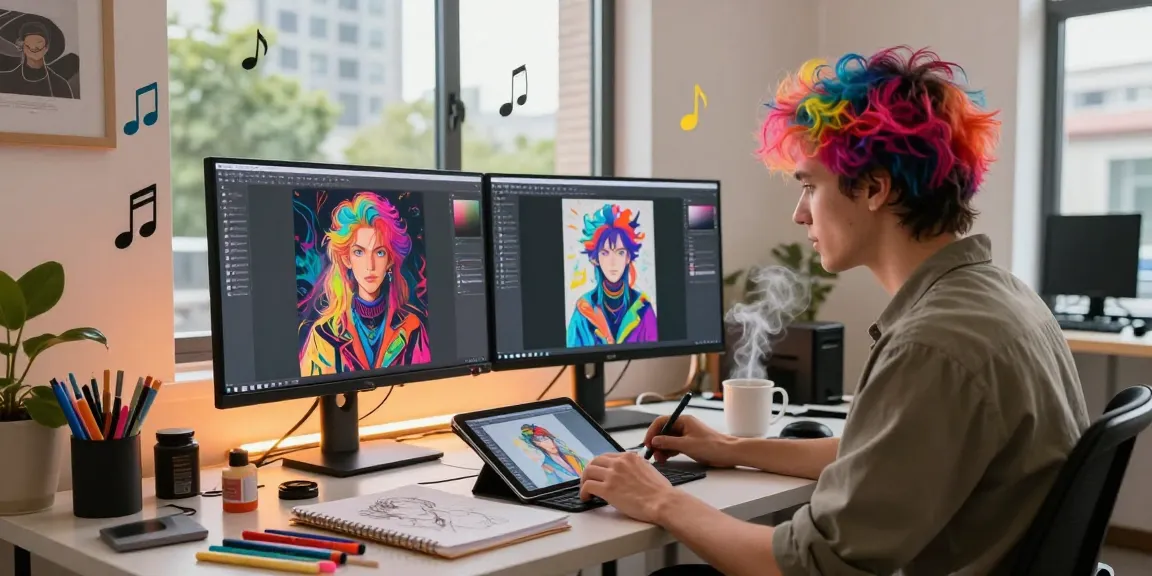 Artist creating NSFW AI digital art in a vibrant modern studio.