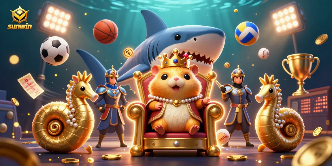 Experience the sunwin excitement in this vibrant 3D casino scene with a golden hamster king and dynamic sports elements.