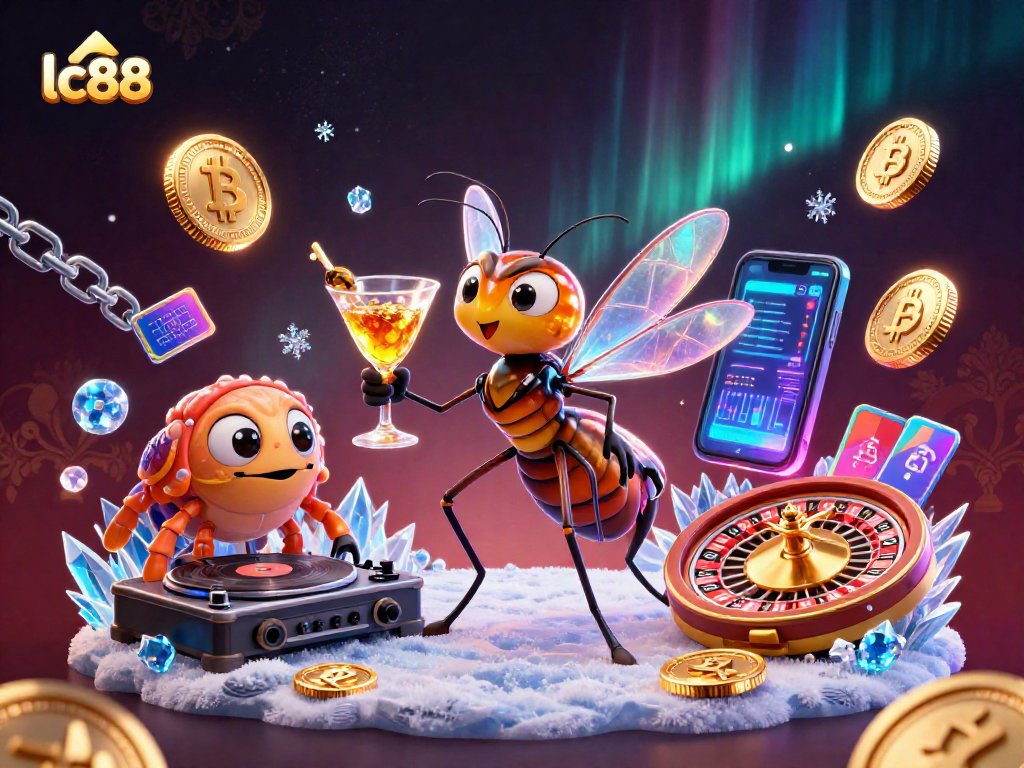 Engage in thrilling gaming at lc88 with an energetic casino scene featuring unique characters.