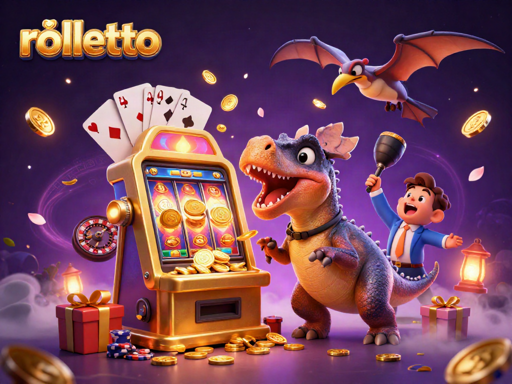 rolletto casino features a colorful scene with dinosaurs celebrating jackpot wins and coins flying