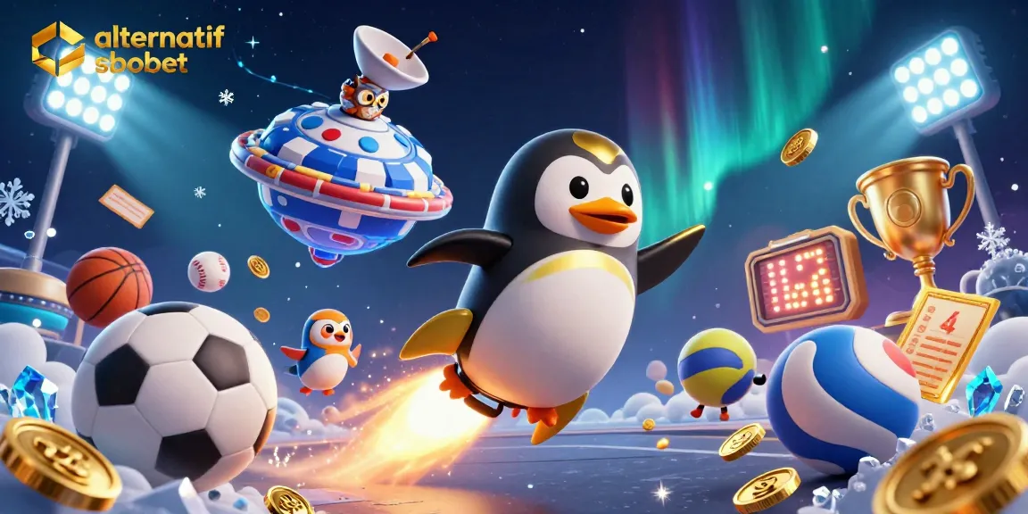 Experience alternatif sbobet with vibrant 3D sports betting scene featuring a golden penguin in space.