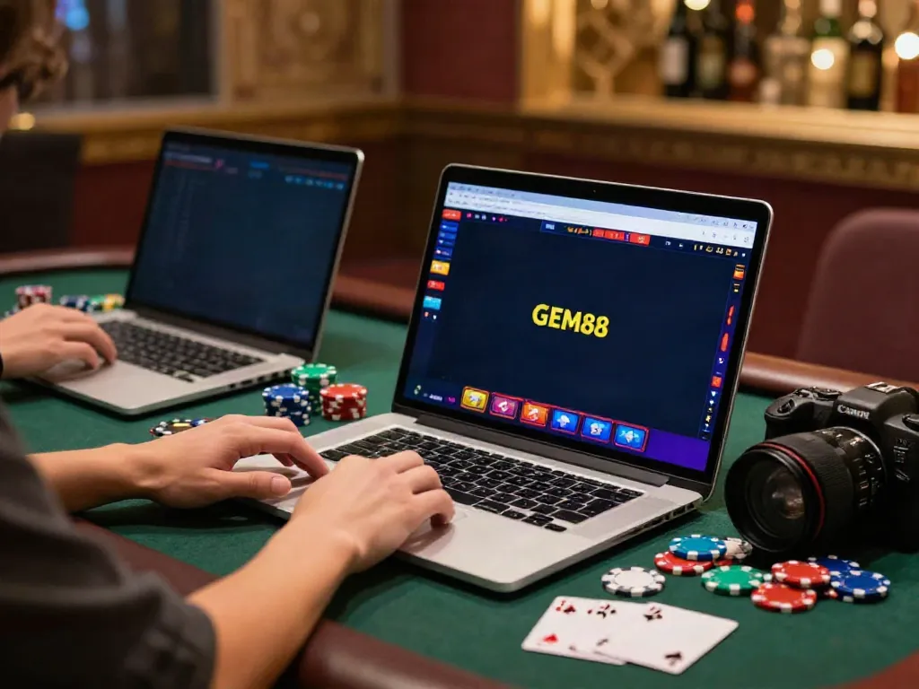 Engaging online gaming experience with nhà cái gem88 on a sleek laptop amidst colorful casino chips.
