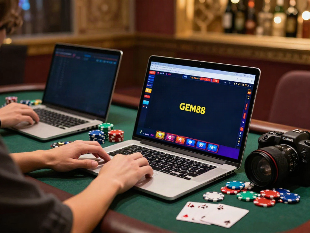 Engaging online gaming experience with nhà cái gem88 on a sleek laptop amidst colorful casino chips.