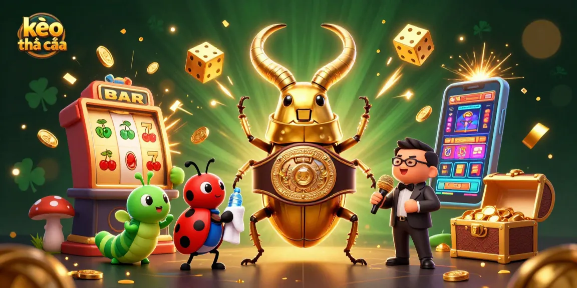 Engage in exciting kèo nhà cái action with a 3D cartoon scene of a golden stag beetle and vibrant casino elements.