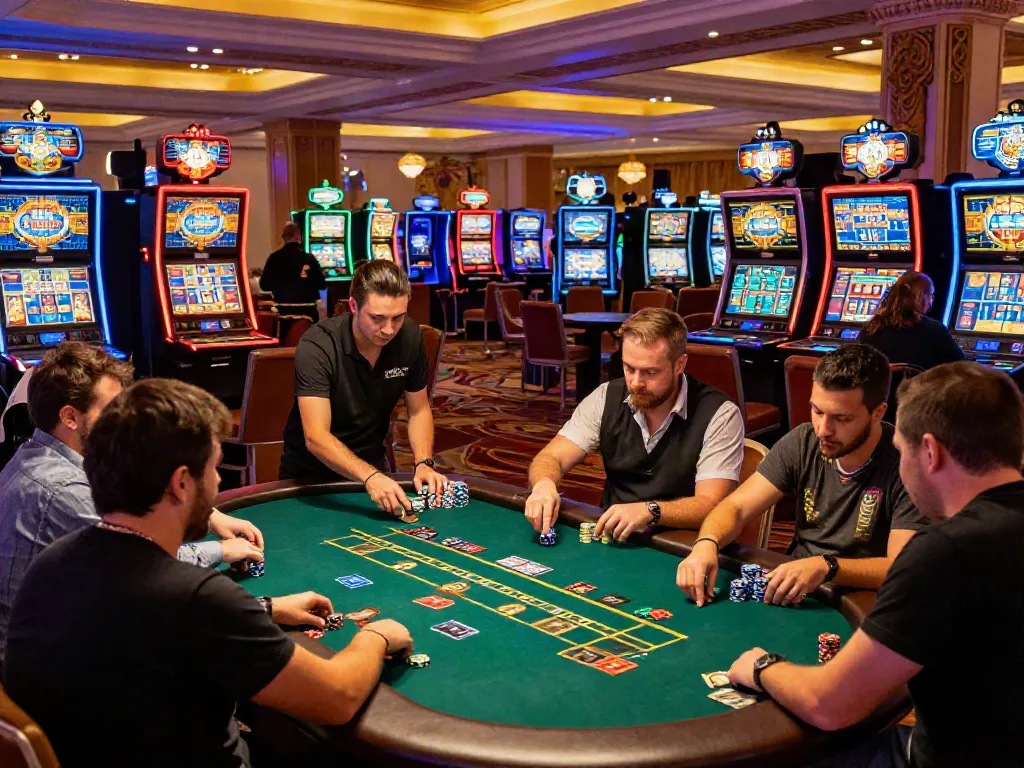 Dynamic casino scene showcasing players at tables and slot machines, emphasizing online casinos that accept credit cards.
