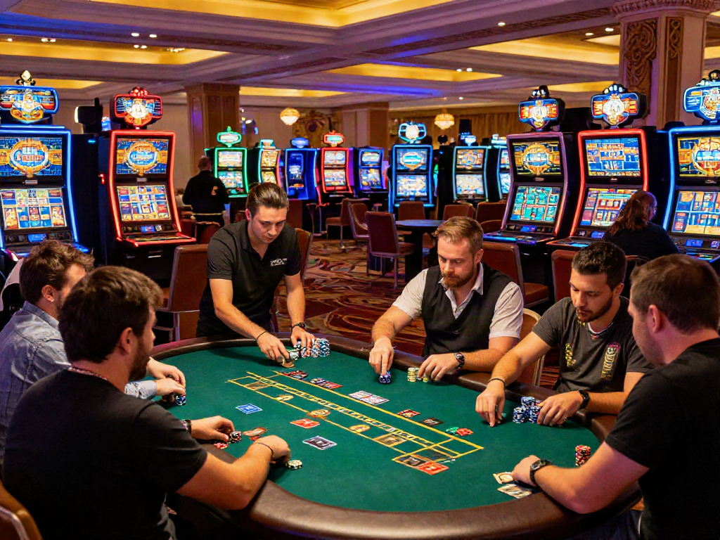 Dynamic casino scene showcasing players at tables and slot machines, emphasizing online casinos that accept credit cards.