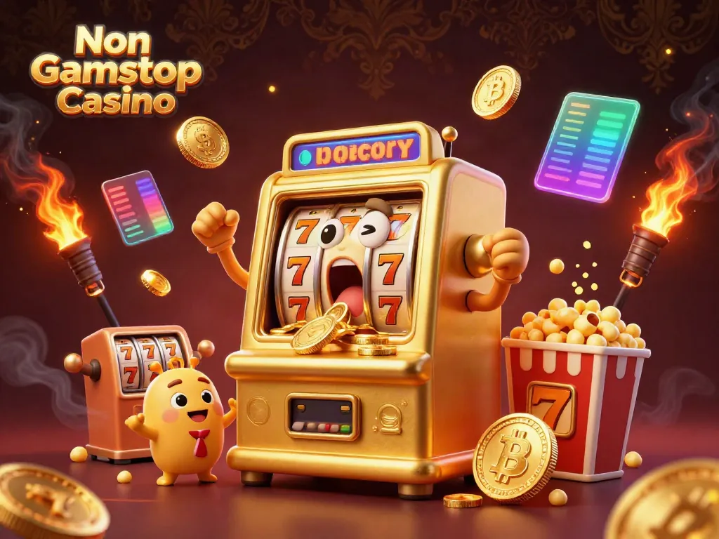 Experience excitement at Non Gamstop Casino with vibrant slot machines and glowing crypto coins.