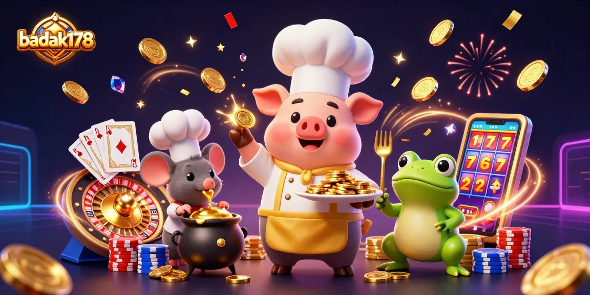 Experience the excitement of badak178 with vibrant casino characters amidst golden coins and sparkling gems.