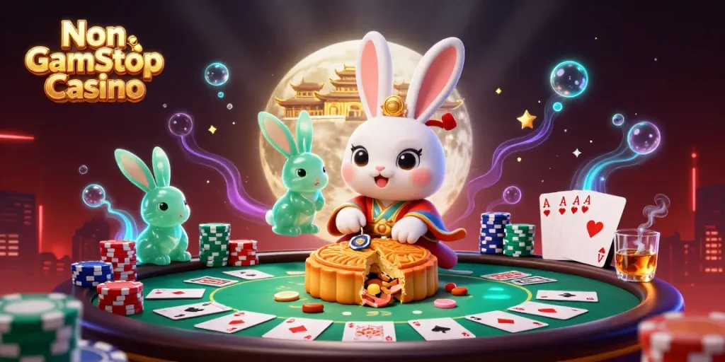 Engage with the Non Gamstop Casino world through a whimsical 3D spectacle featuring a moon rabbit and poker-themed elements.