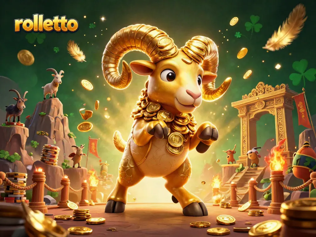 Rolletto features a golden ram charging through a vibrant casino arena, surrounded by gold coins.