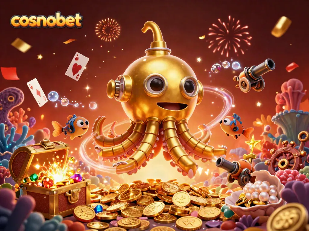 Win big at cosmobet with mechanical fish and golden kraken submarine in a rich casino illustration.