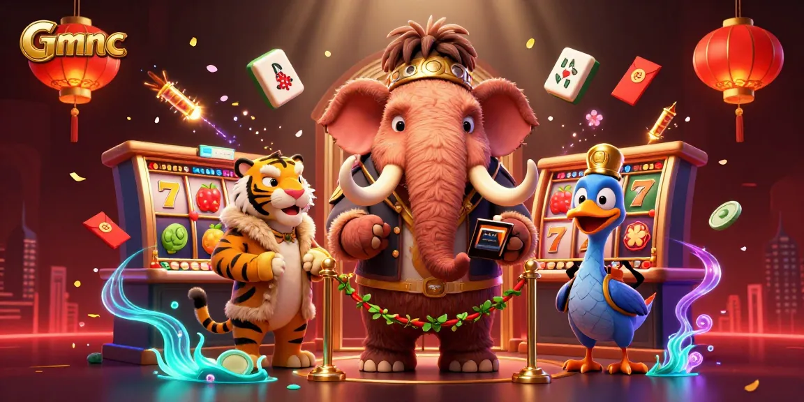 Gmnc showcases a vibrant casino scene with a mammoth bouncer, saber-tooth guest, and dodo doorman.