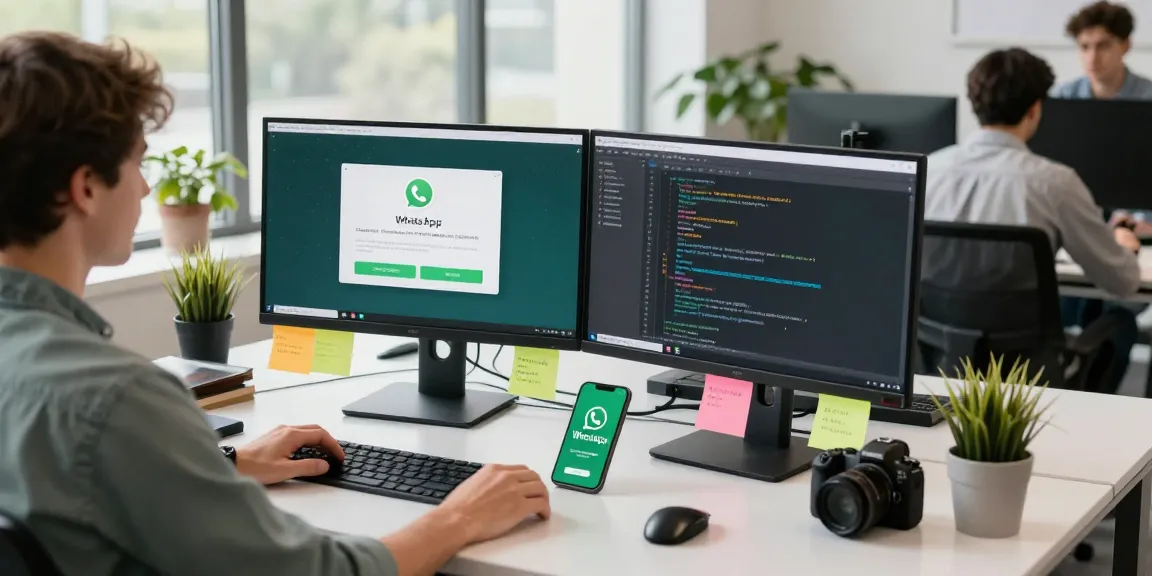 Modern workspace showcasing WhatsApp下載 on dual monitors in a bright office.