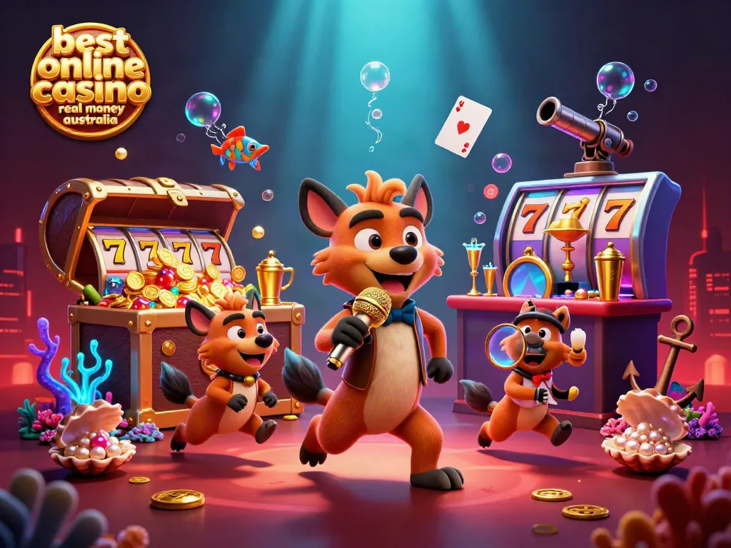 Engaging scene of the best online casino real money Australia with hyena characters in a vibrant comedy casino.