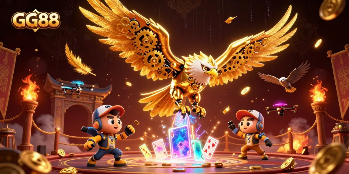 Experience thrilling gameplay at GG88 with a cybernetic eagle amidst holographic cards and casino elements.