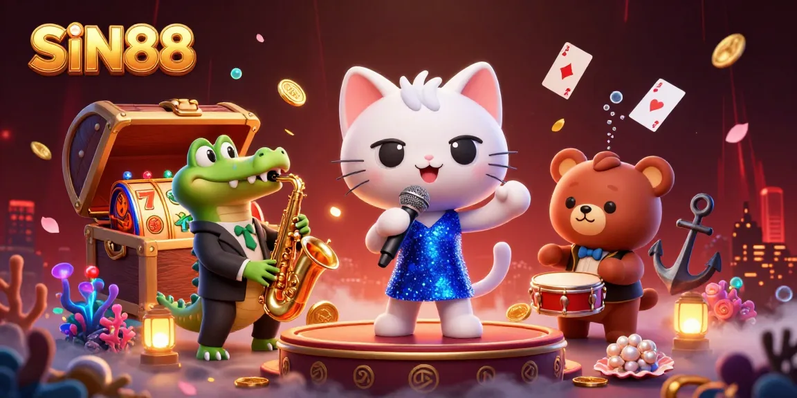 SIN88 offers high-energy slots entertainment with a jazz-singer cat and lively casino characters.