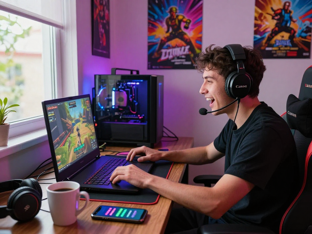 Gamer immersed in adult game on laptop, with vibrant gaming decor and accessories.