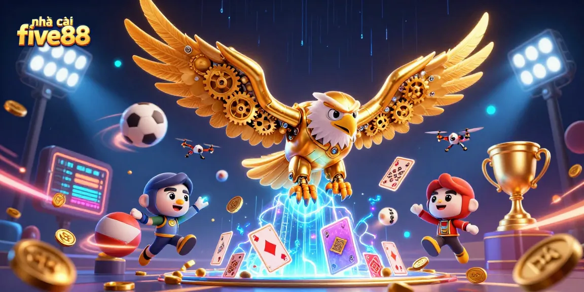 Engage with nhà cái five88 through a dynamic scene of an eagle amidst holographic cards and sports betting elements.