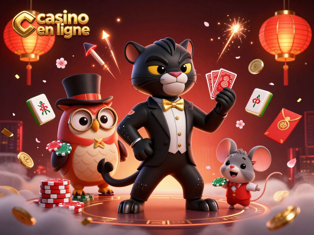 Jouer au casino en ligne avec élégance et bonheur illustré par un panthère, hibou et souris.