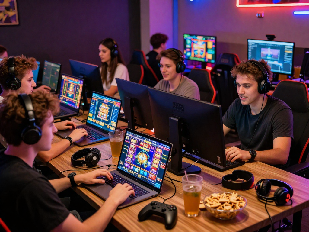Friends enjoying non UK slots at a modern gaming setup, showcasing vibrant games and colorful atmosphere.