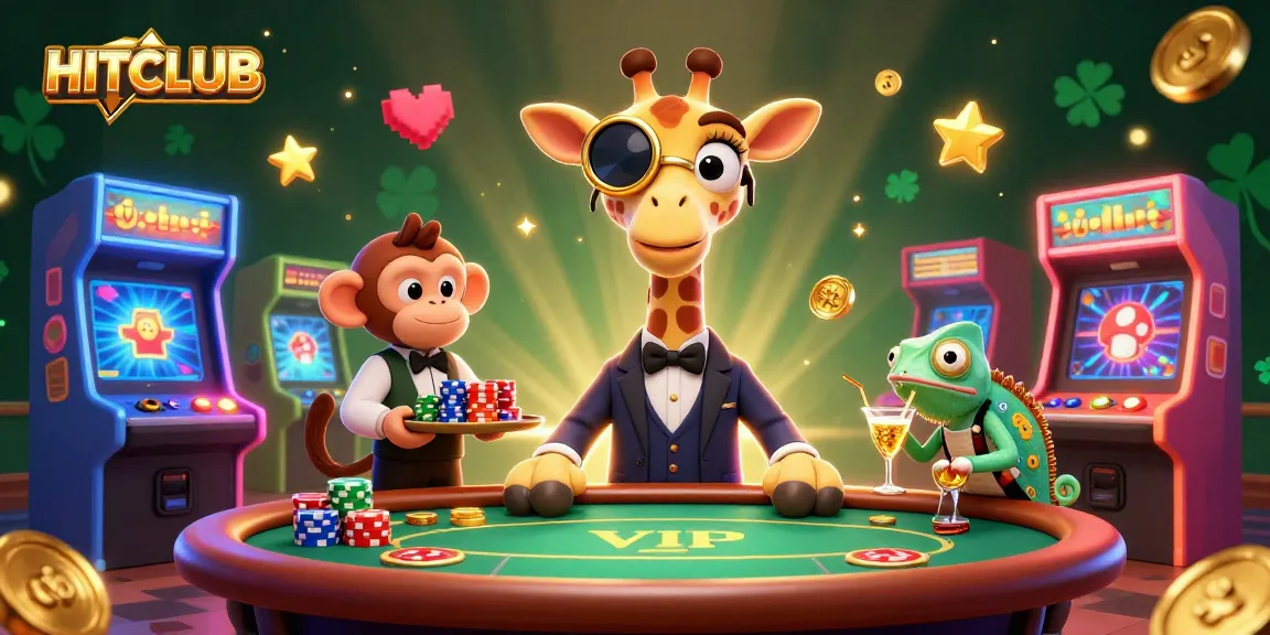 Engage with HITCLUB in this vibrant casino scene showcasing cartoon characters and dynamic gaming elements.