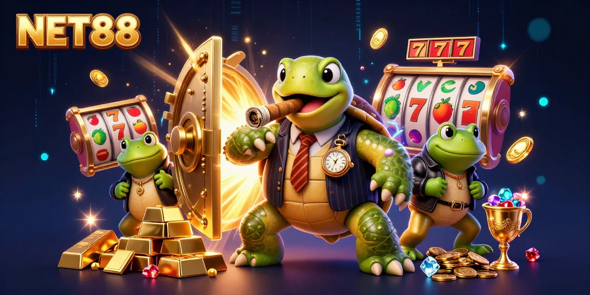 NET88 introduces a magical scene of a turtle mobster and bullfrog enforcers amidst thrilling casino elements.