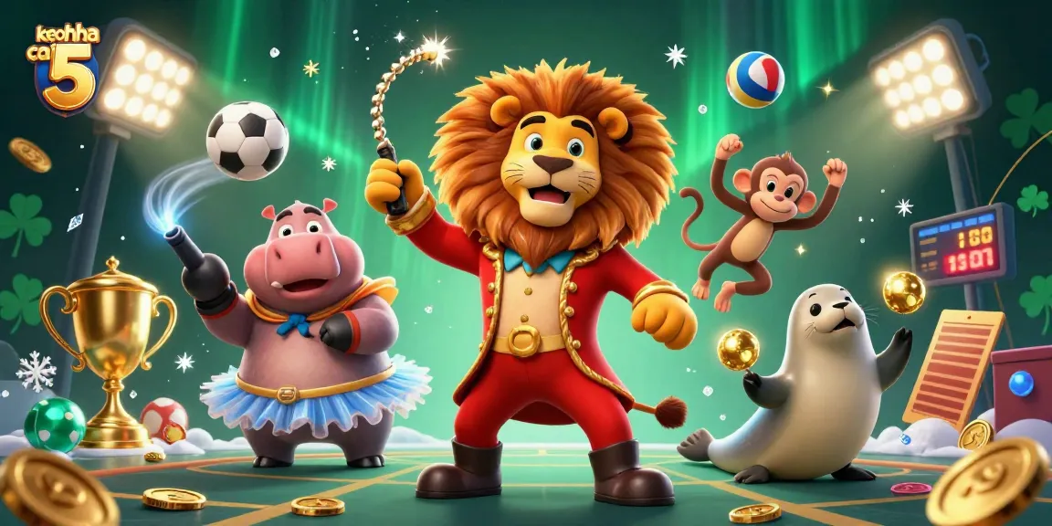 Experience sports adventures with keo nha cai 5 in vibrant 3D circus illustration with action-packed elements.