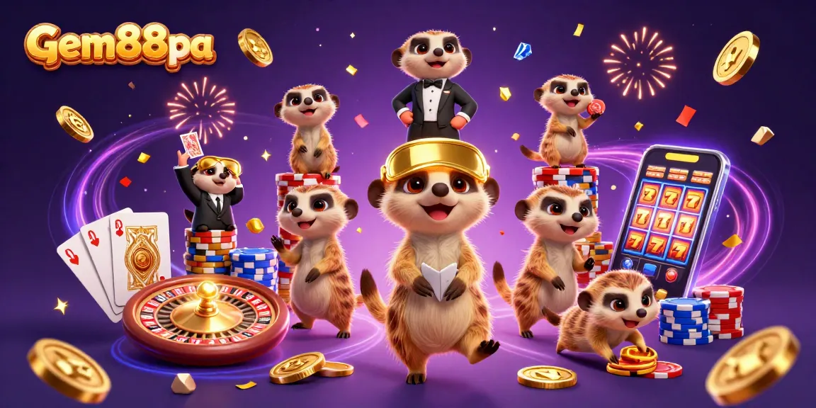 gem88pa meerkats orchestrating a vibrant casino operation with coins, cards, and chips