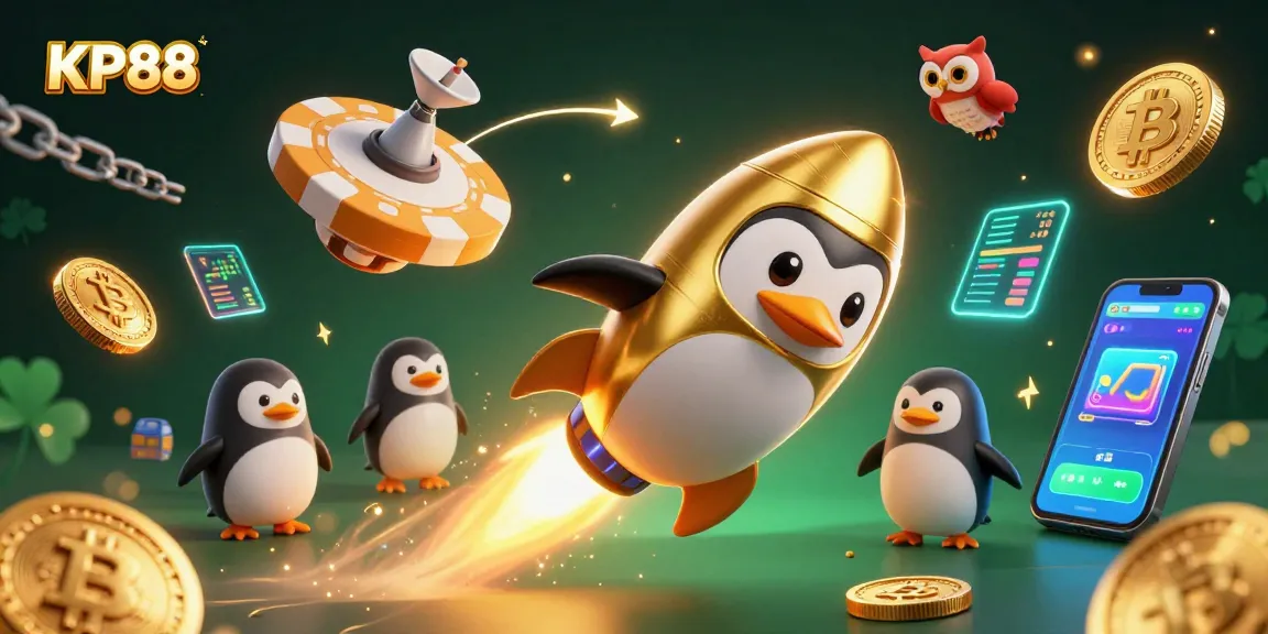 Experience the excitement of KP88 at a dynamic casino station, featuring a golden penguin and crypto elements.