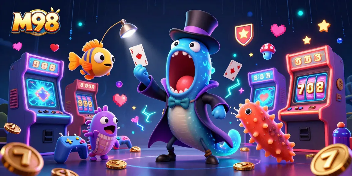 M98 showcases a vibrant 3D scene featuring a deep-sea gulper eel magician, anglerfish spotlight, and sea cucumber, surrounded by casino elements.