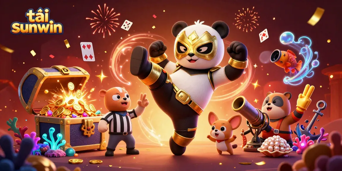 Tải sunwin with colorful treasures and animal characters in vibrant 3D casino scene.