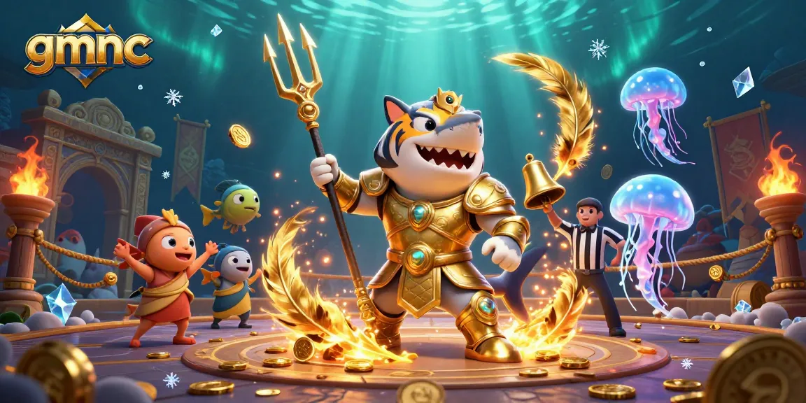 Spin and win at gmnc with an underwater casino showdown featuring a gladiator shark and cheering fish.