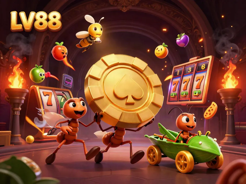 Ants carrying a giant poker chip in an LV88 casino-themed heist scene.