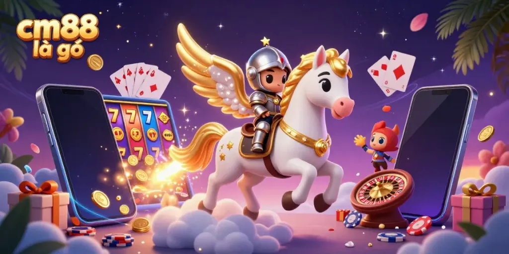 Engage with cm88 là gì in this vibrant 3D scene featuring a celestial horse and a knight amidst casino elements.