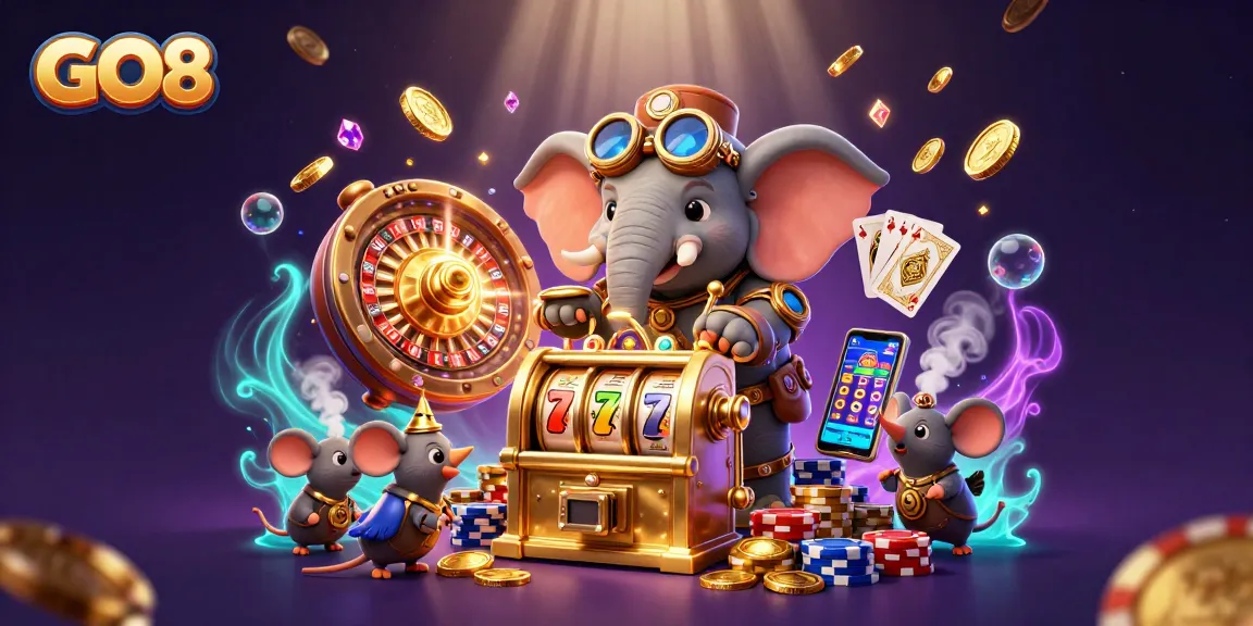 Experience the excitement of GO8 with vibrant steampunk casino characters and dazzling game elements.
